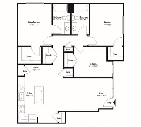 Floor plan for 3 beds, 2 baths, 1302 sqft